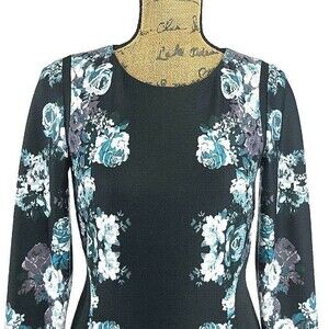 Antonio Melani Dress 6‎ Black Muted Purple Teal Floral Long Sl Stretch